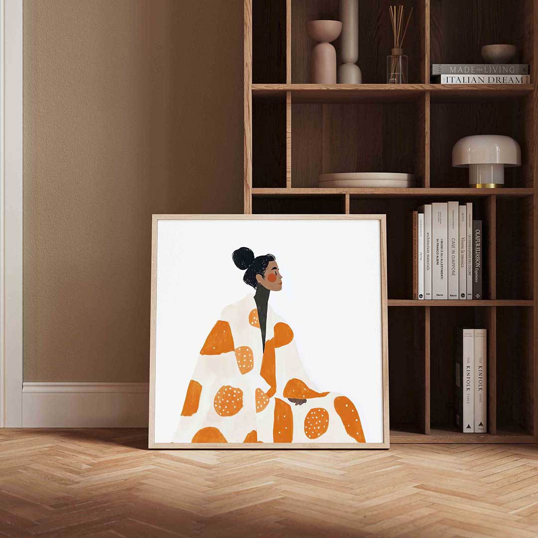 Vrouw met oranje patroon – moderne poster in vierkant formaat