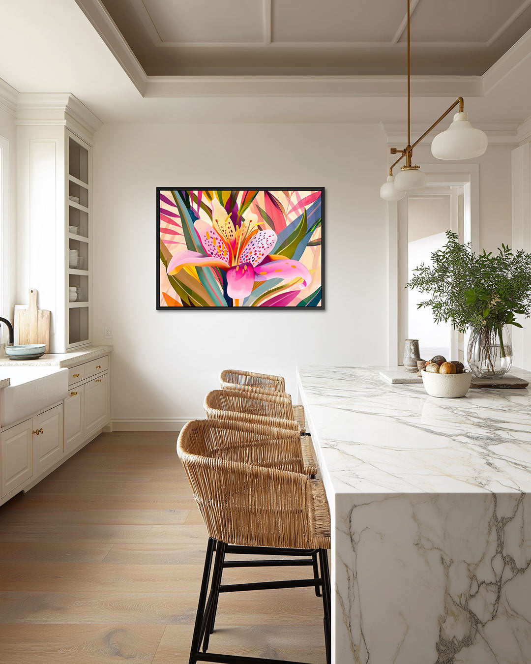 Kleurrijke bloemillustratie – Roze – wanddecoratie in interieur