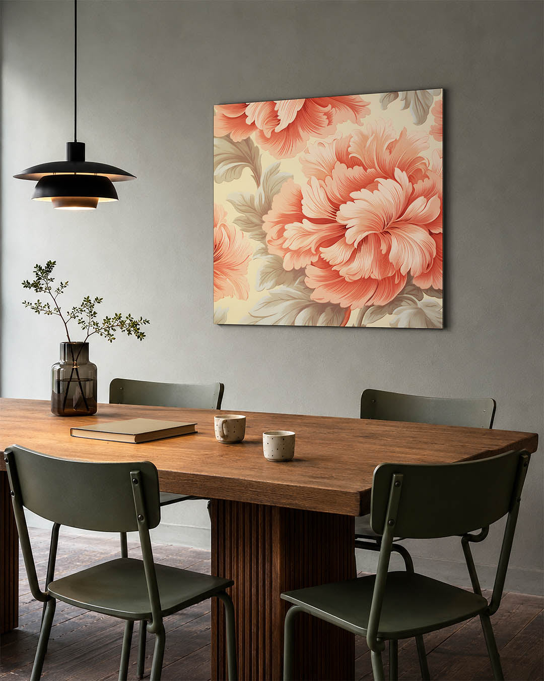 Bloemrijke compositie kunstwerk – tweede productweergave – dit kunstwerk toont grote, gedetailleerde bloemen in warme tinten