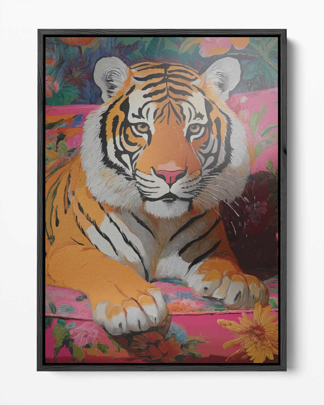 Tijger op Bloemenbank – portret kunstwerk als wanddecoratie