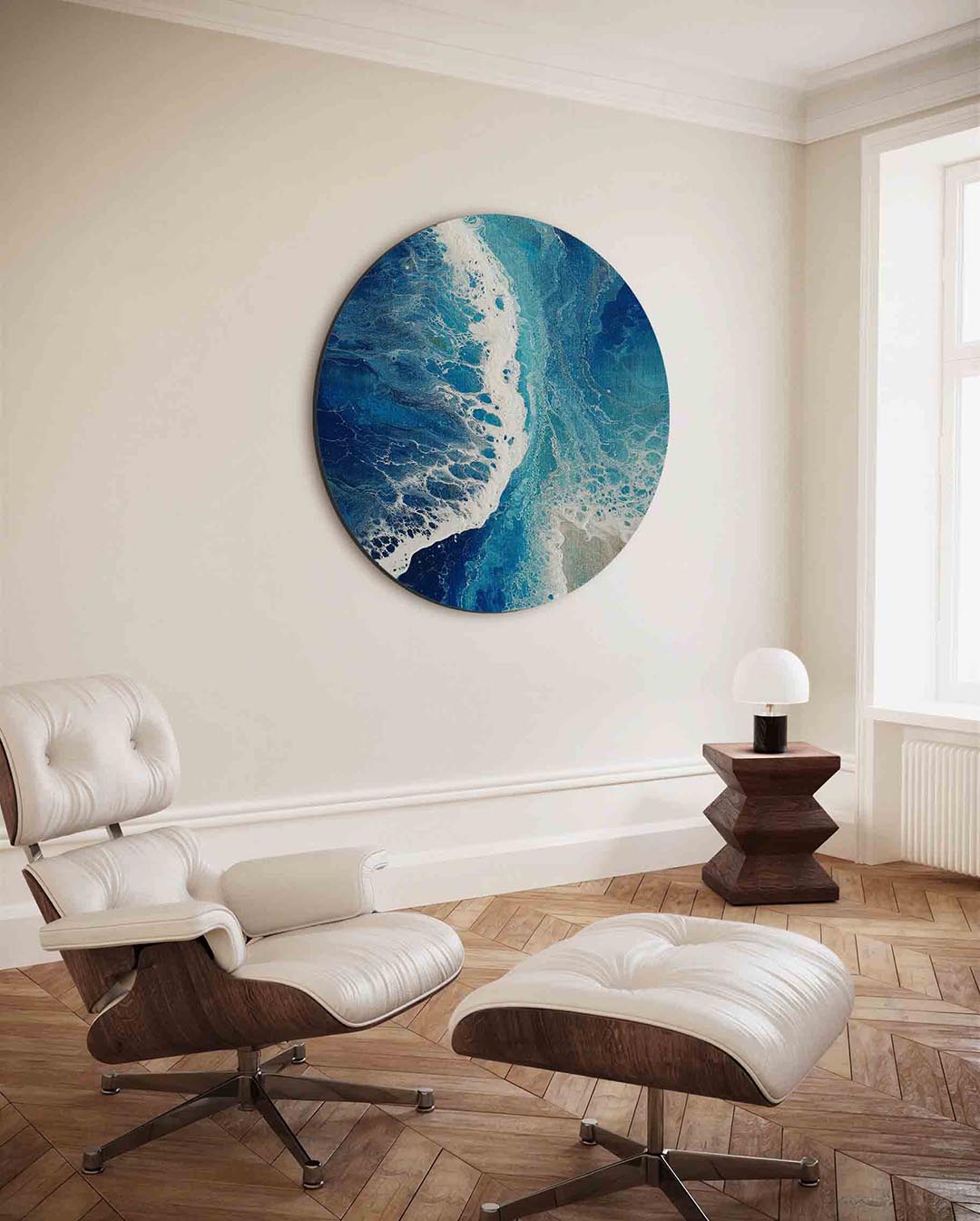 Blauwe golven – ronde wanddecoratie met abstract ontwerp