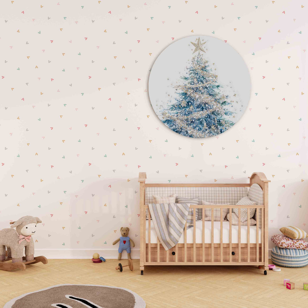 Kerstboom met ster Muurcirkel – derde productweergave – Een kerstboom met blauwe en groene tinten, versierd met gouden