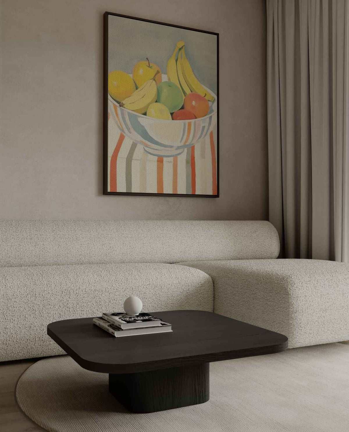 Kleurrijke Fruitmand in Impressionistische Stijl – kunstwerk met zwarte baklijst