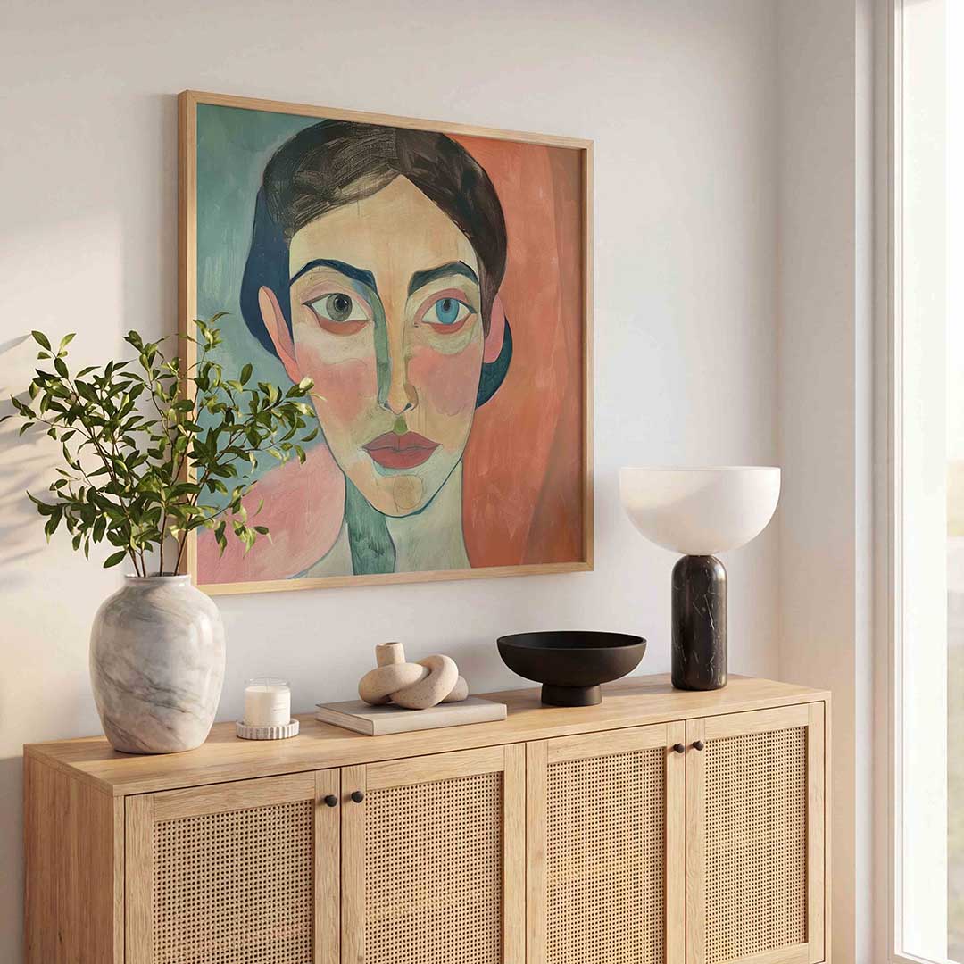 Portret met kleurrijke achtergrond – kunst en design poster in vierkant formaat