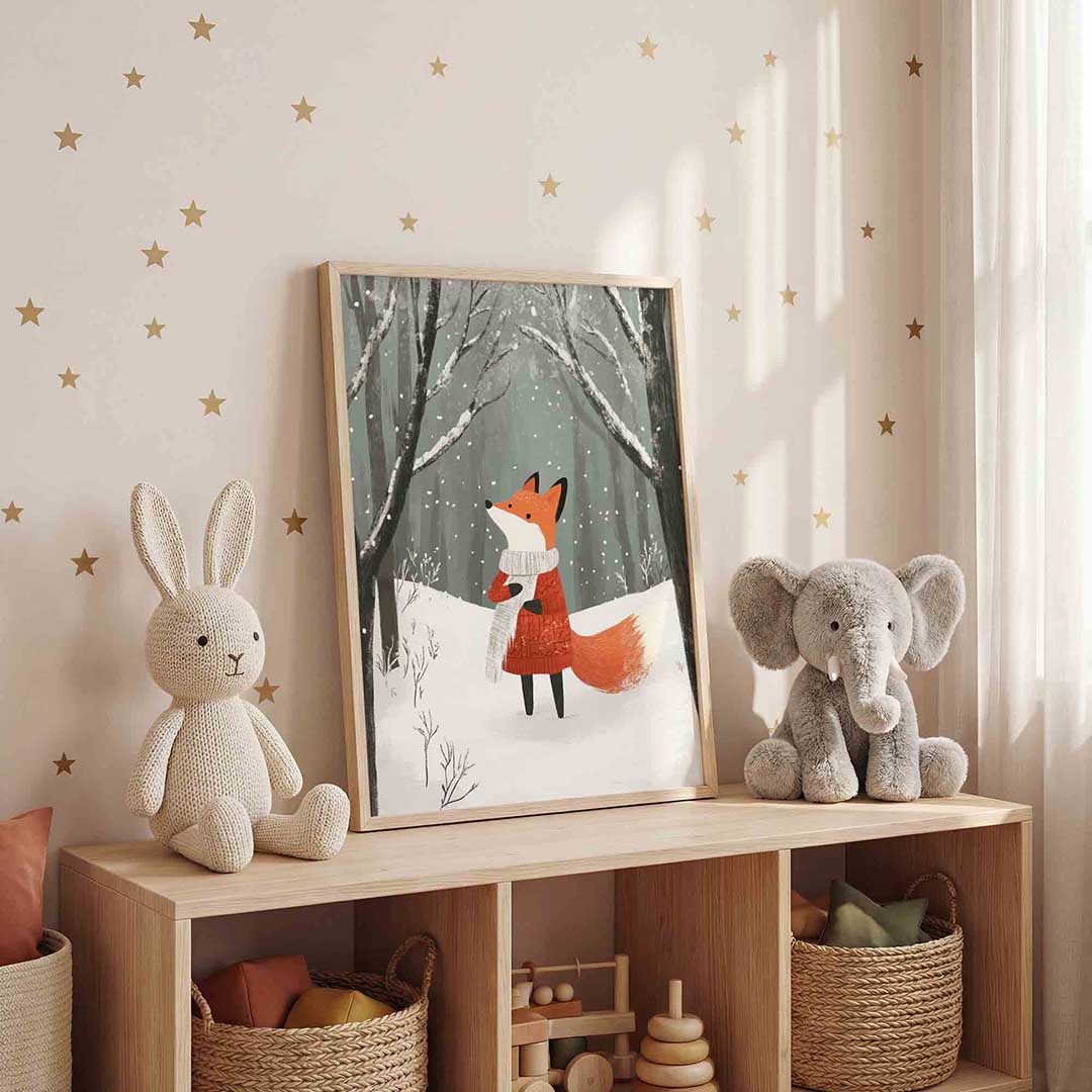 Vos in winterlandschap – staande kinderkamer wanddecoratie van WallArtistic