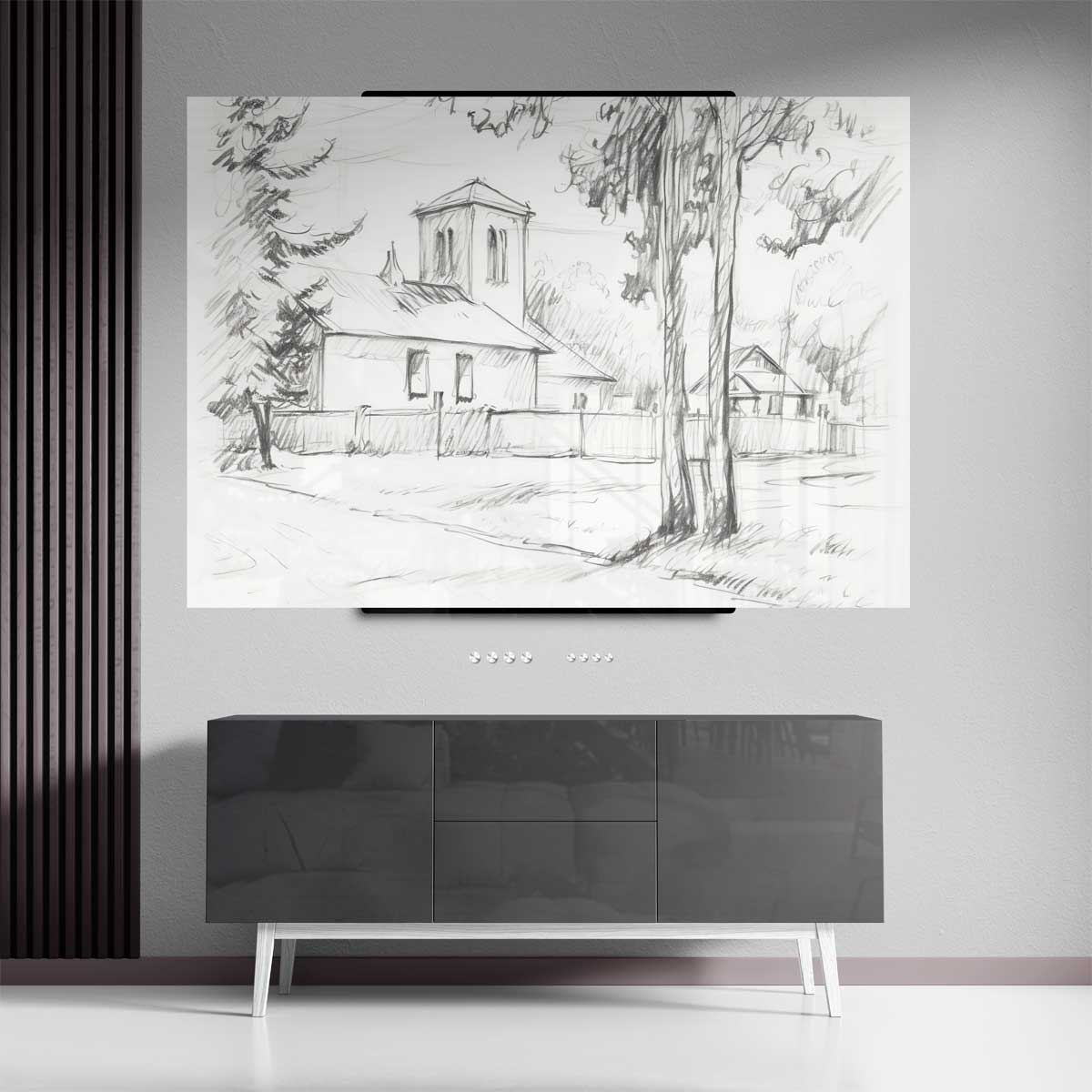 Dorpskerk en Bomen – plexiglas kunstwerk als wanddecoratie