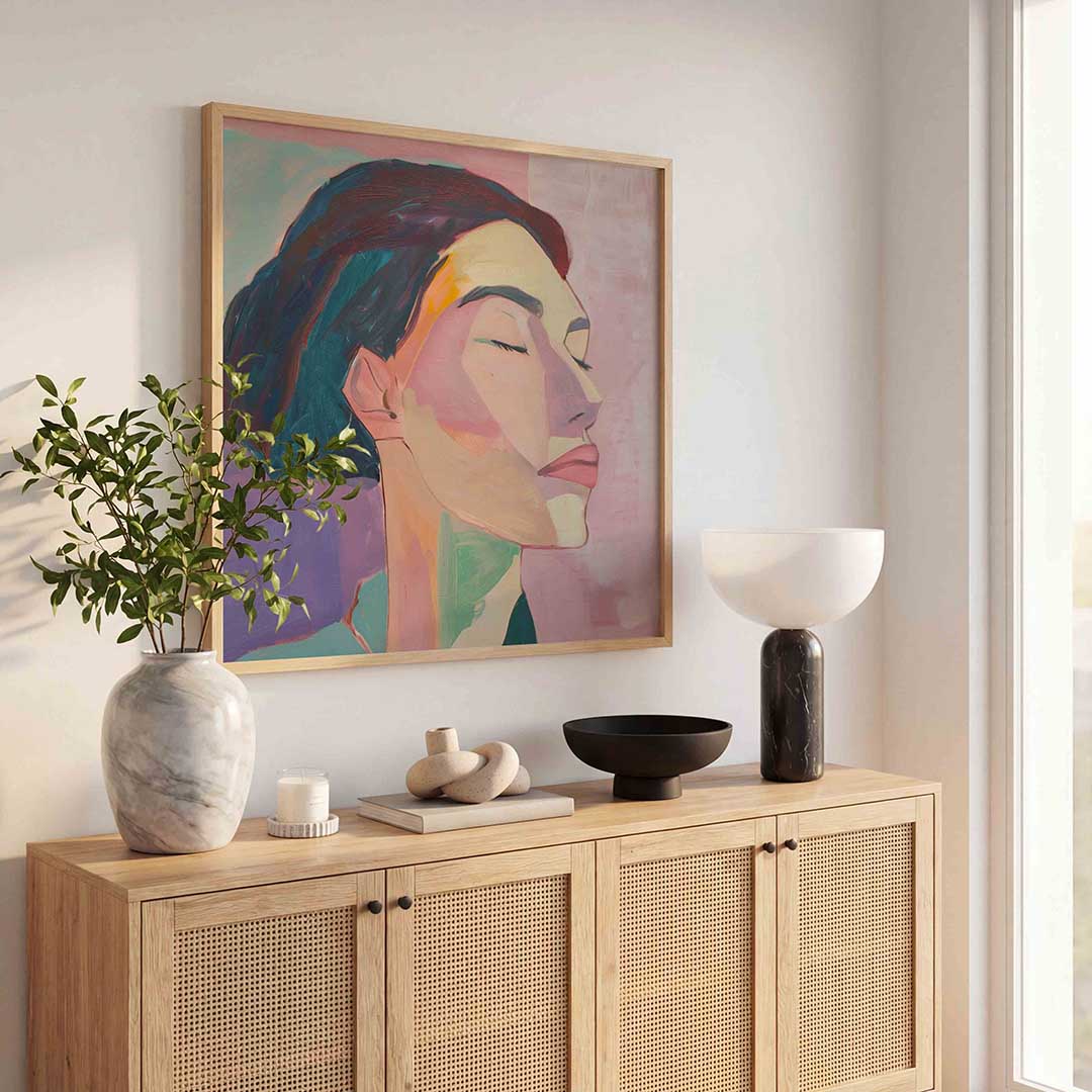 Vrouwelijk gezicht – kunst en design poster in vierkant formaat