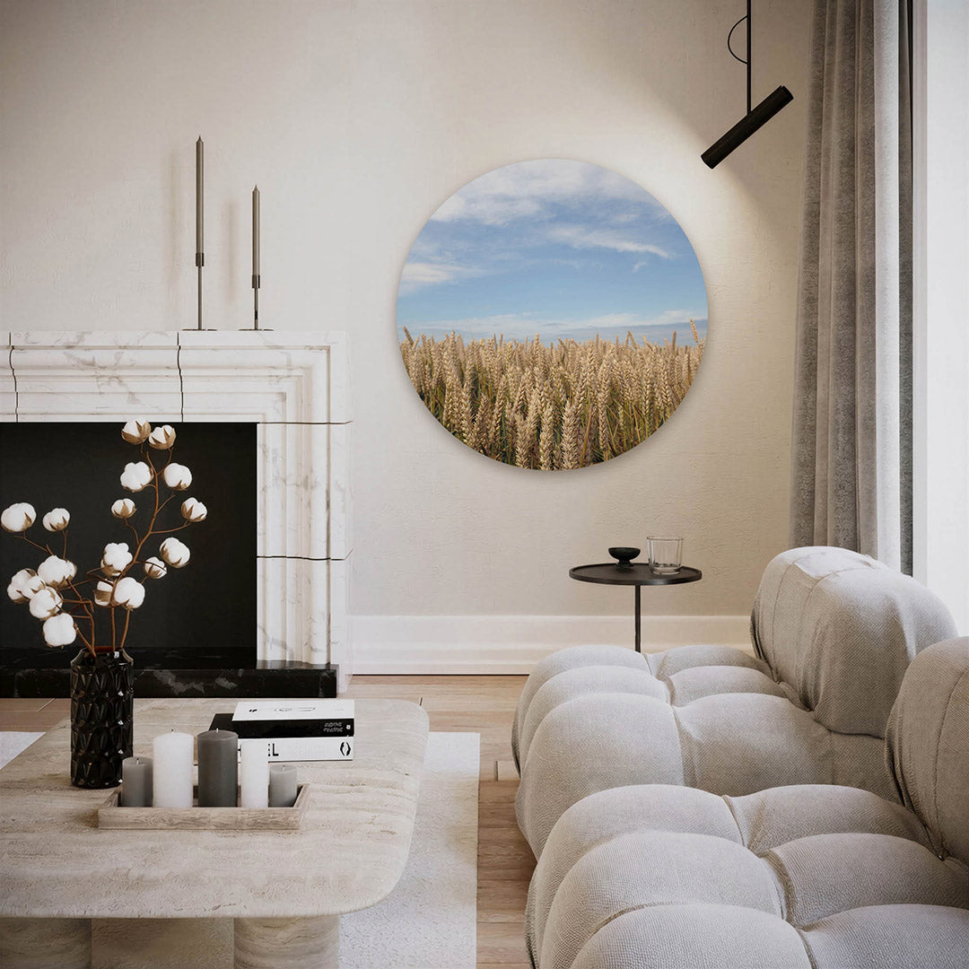 Gouden tarweveld – ronde fotografie wanddecoratie van WallArtistic