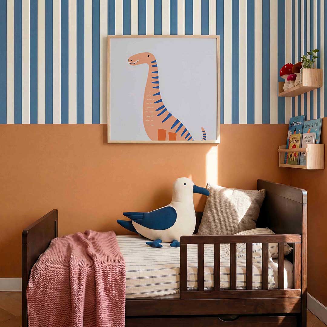 Dinosaurus met blauwe strepen – kids poster in vierkant formaat