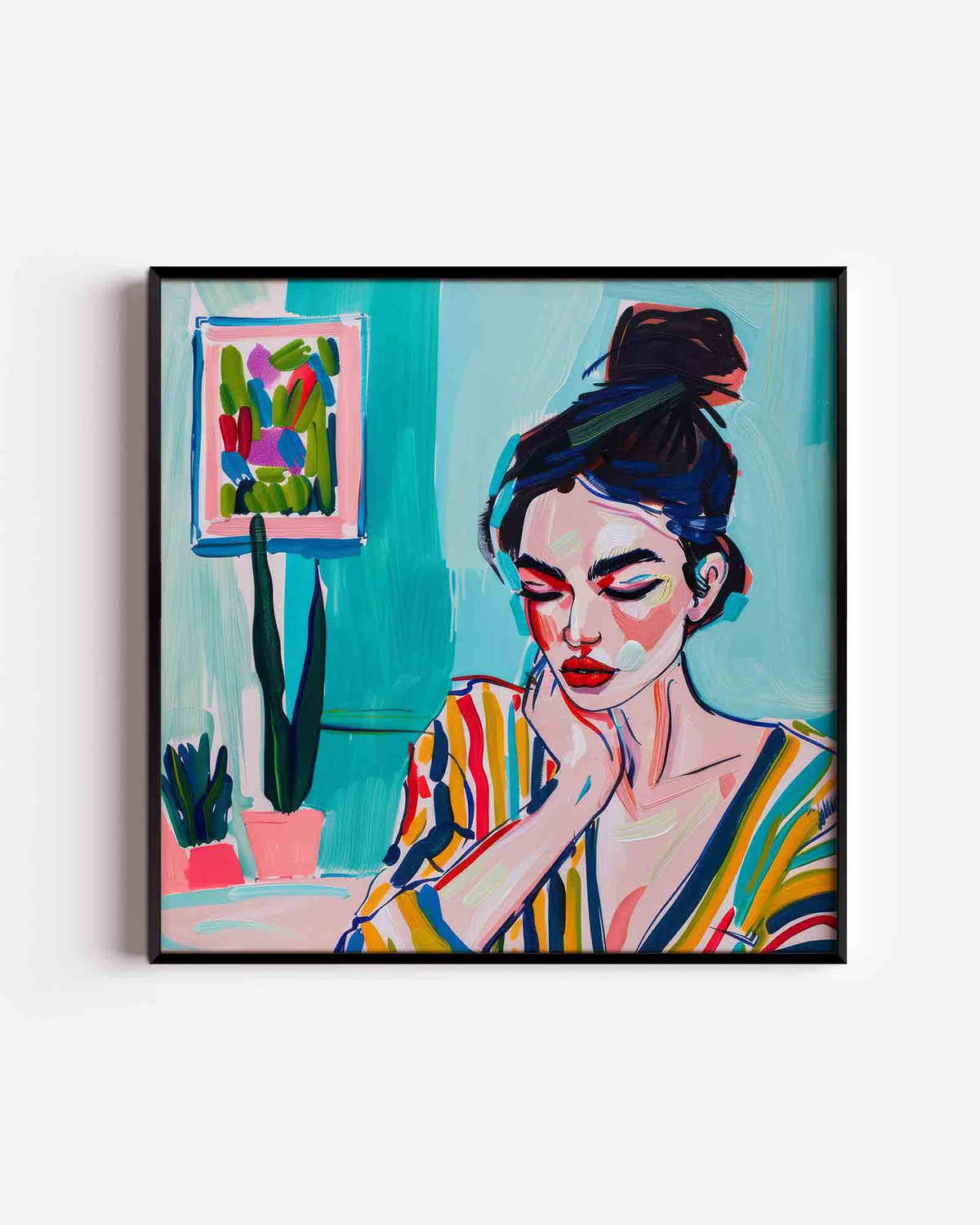 Vrouw met gestreepte blouse – vrouwelijk portret als vierkante poster