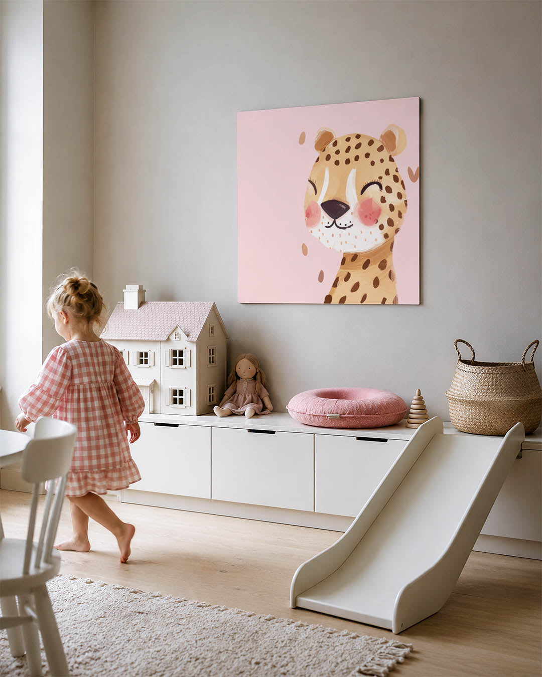 Vrolijke luipaard illustratie kunstwerk – tweede productweergave – dit toont een schattige luipaard met een lachend gezicht