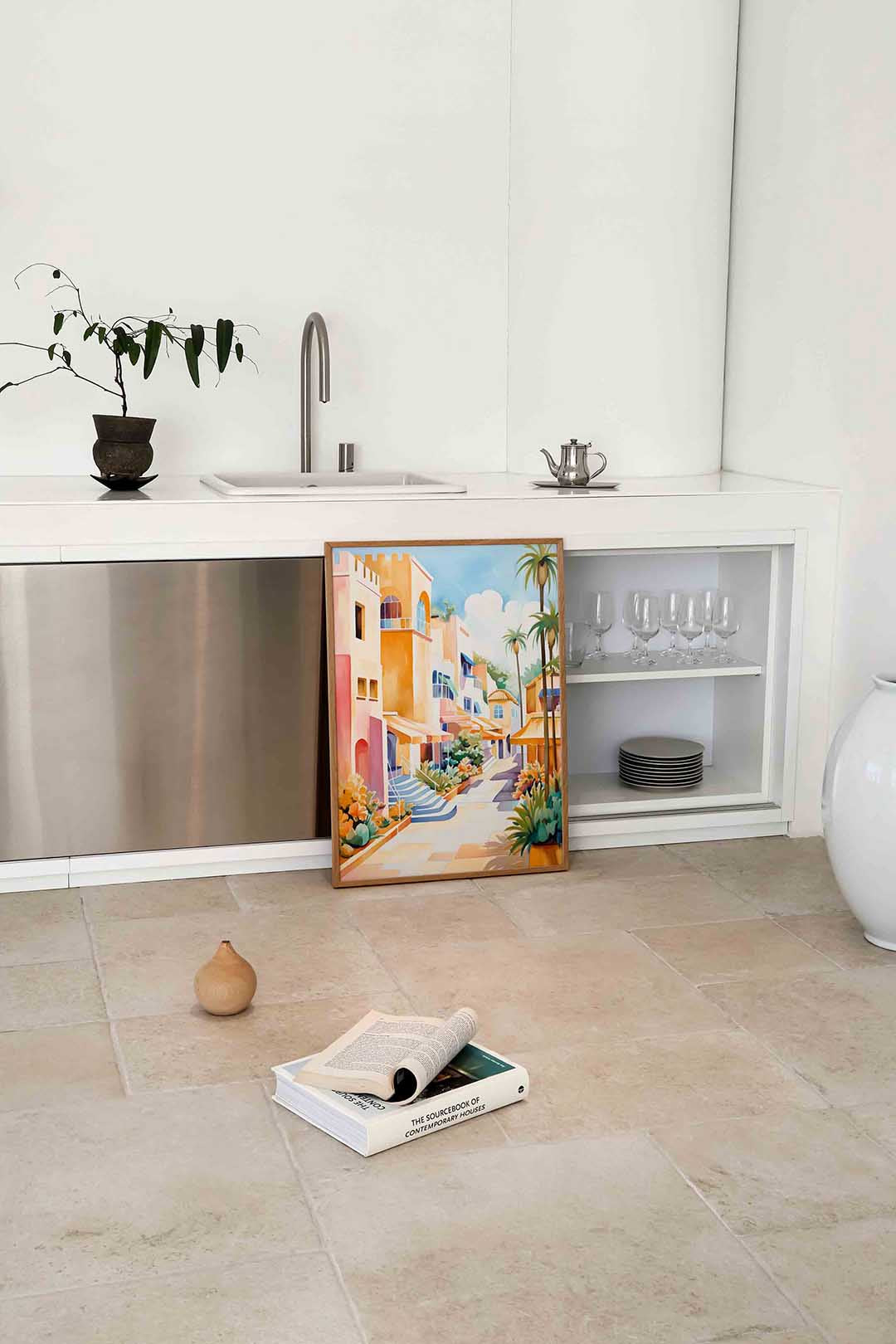 Zonnige straat met palmbomen – culinaire wandkunst als portret poster