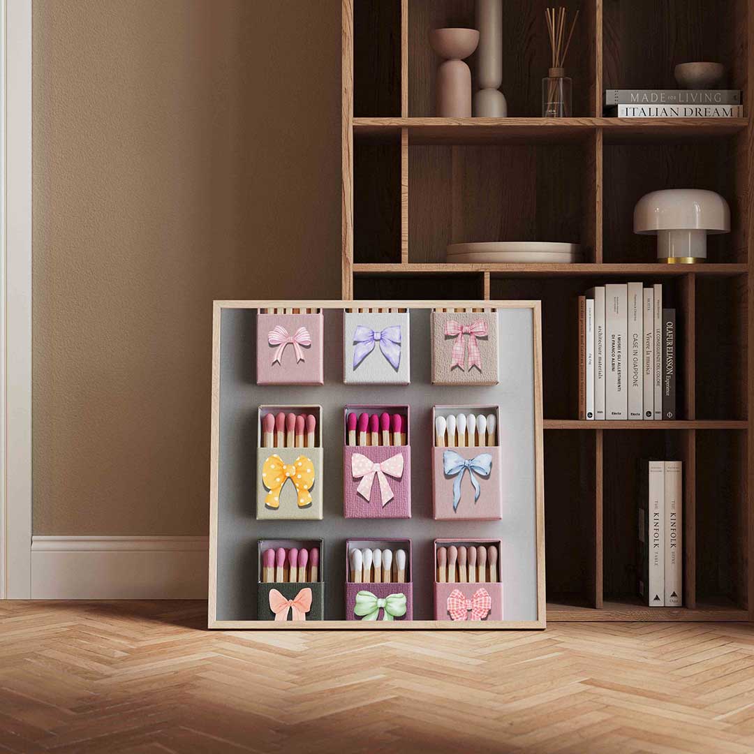 Strikjes en lucifersdoosjes – kleurrijke Pop Art poster in vierkant formaat