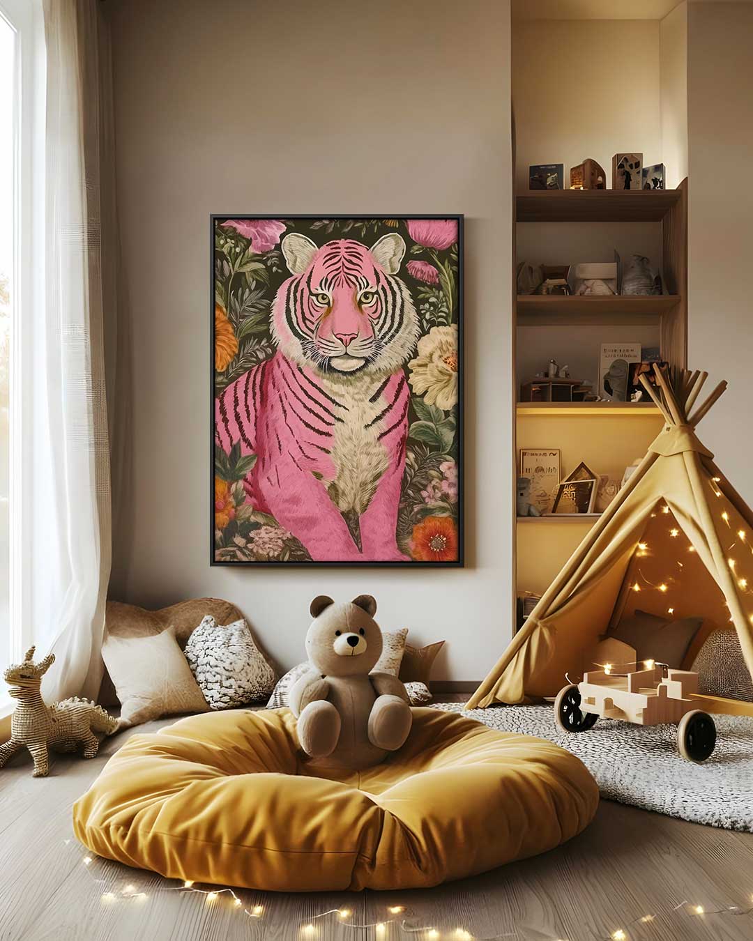 Kleurrijke Tijger in Bloementuin – canvas wanddecoratie in portret formaat