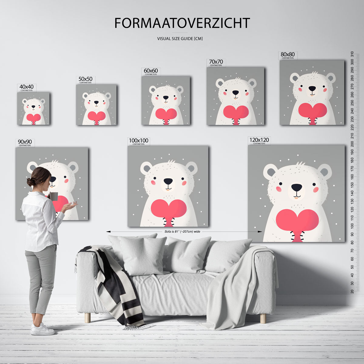 Witte beer met hart – vierkante muurposter voor de kinderkamer