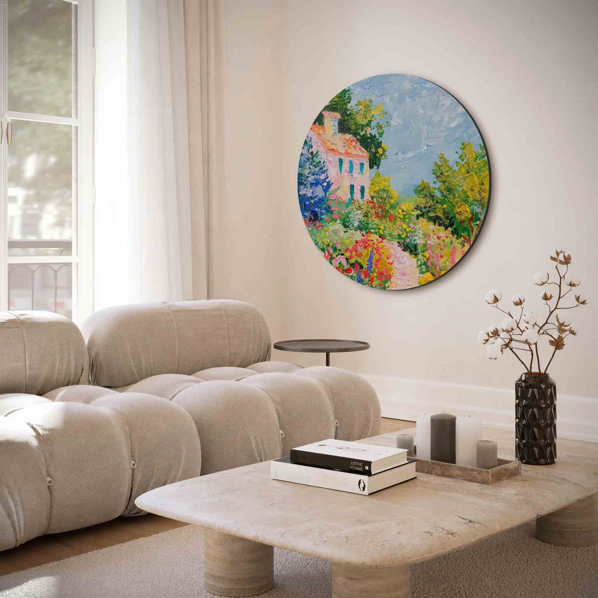 Huis en tuin – illustratie muurcirkel als ronde muurdecoratie