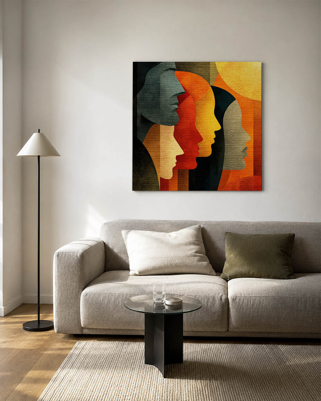 Geometrische profielen kunstwerk – vierkante wanddecoratie – dit werk toont overlappende gezichtsprofielen in levendige