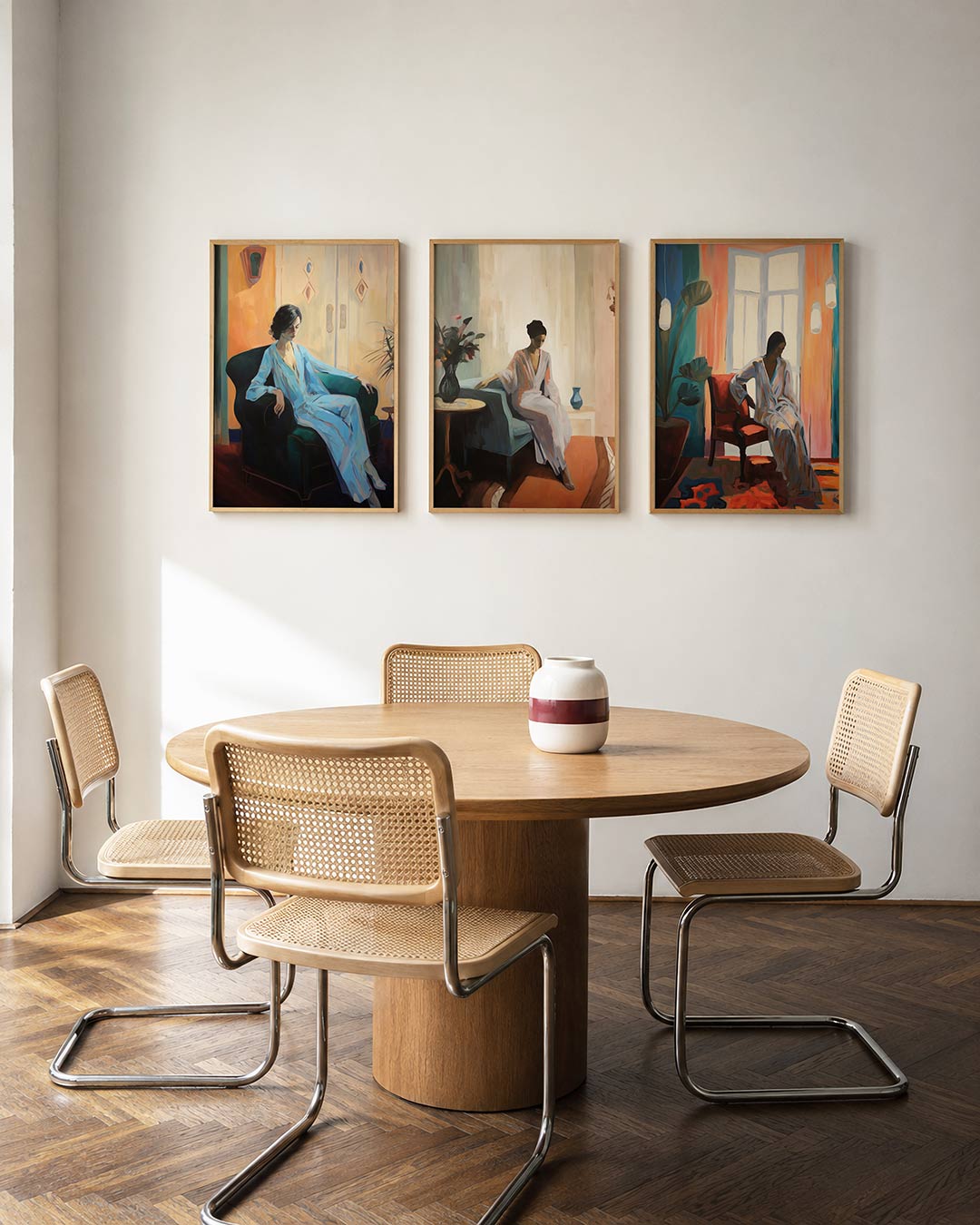Zachte kleurharmonie driedelige posterset in interieur