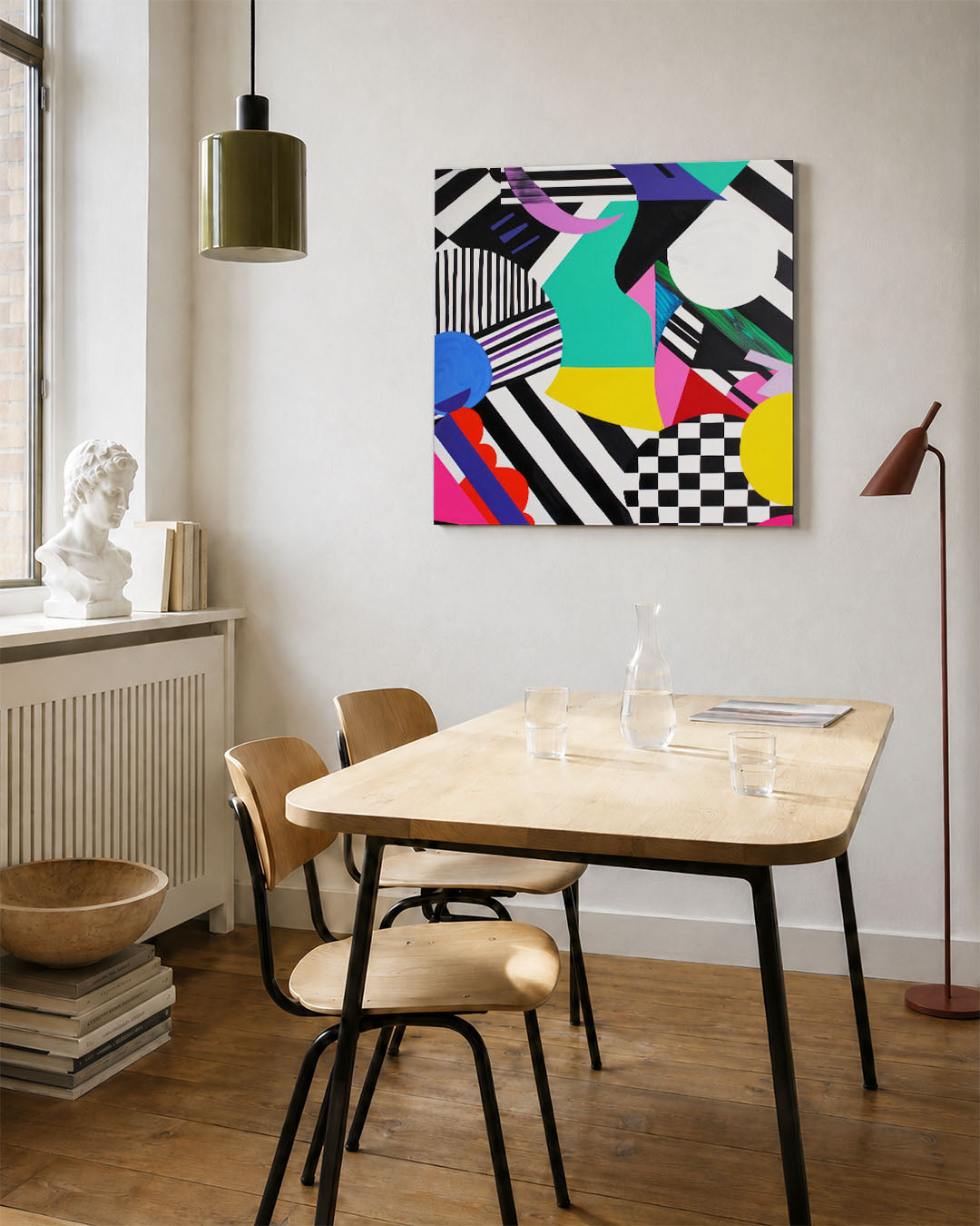 Dynamische geometrie kunstwerk – vierkante wanddecoratie – dit werk toont een levendige mix van geometrische vormen en