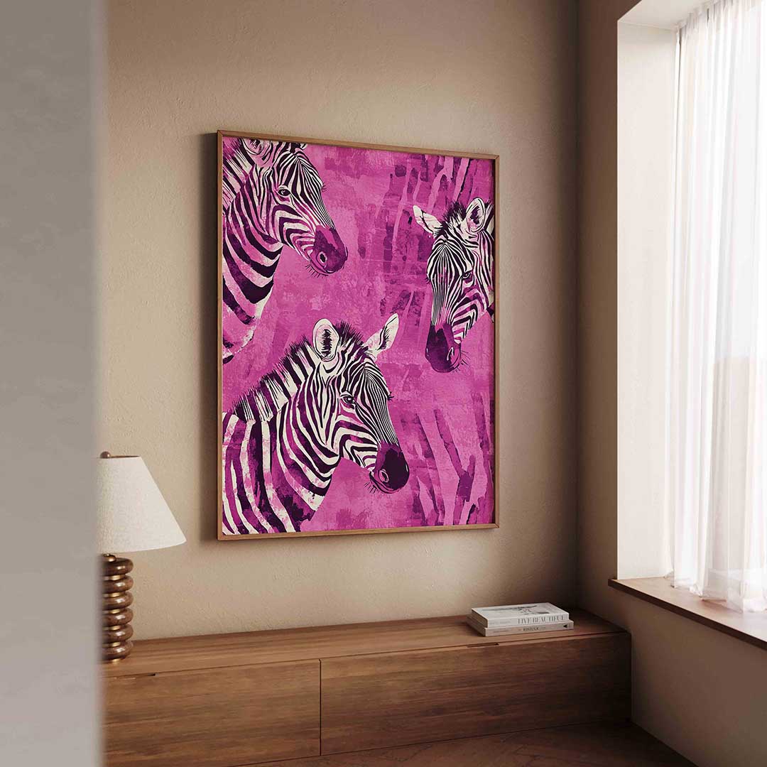 Zebra's op roze – dierenillustratie als portret poster
