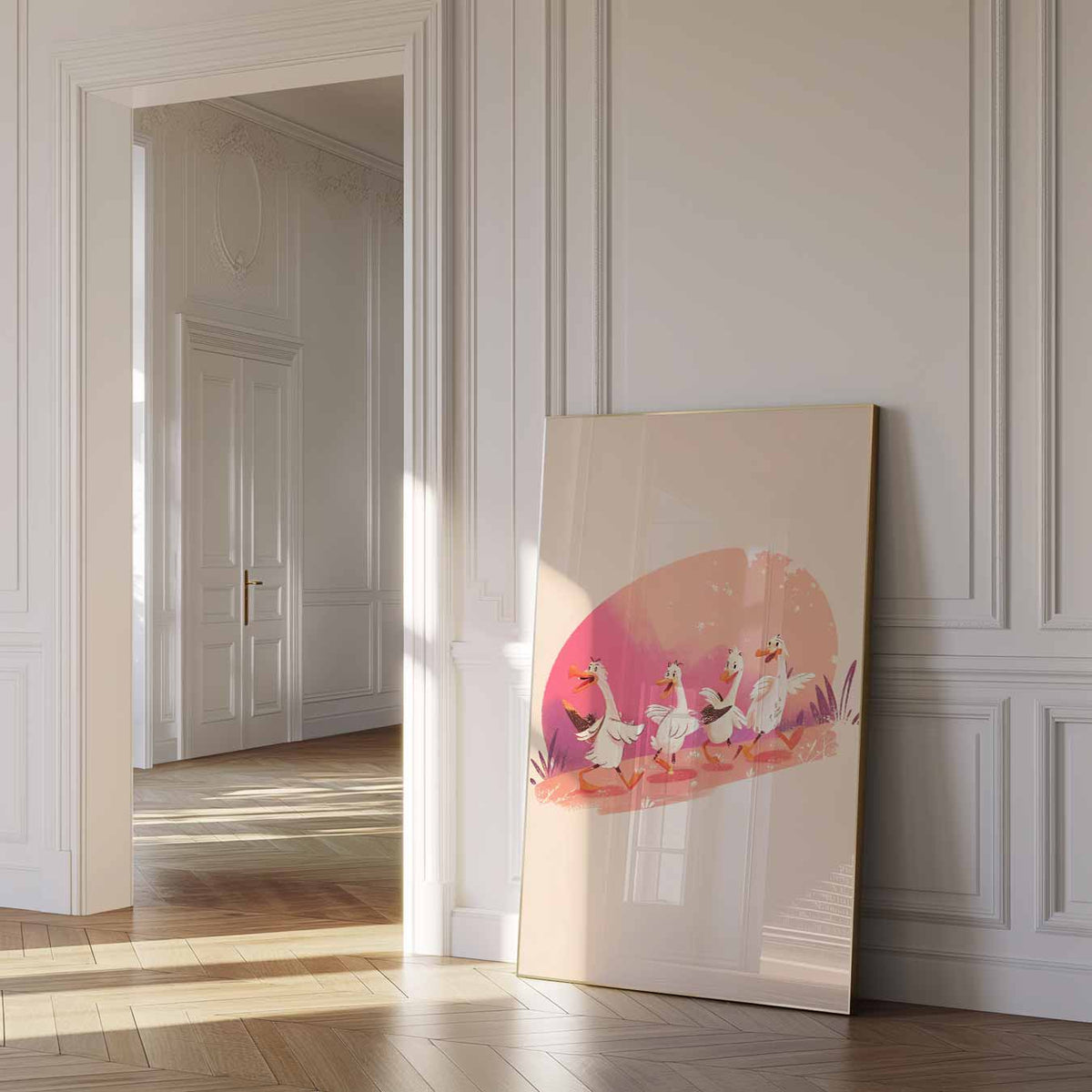 Vrolijke Eendenwandeling – dierenposter als moderne staande wanddecoratie