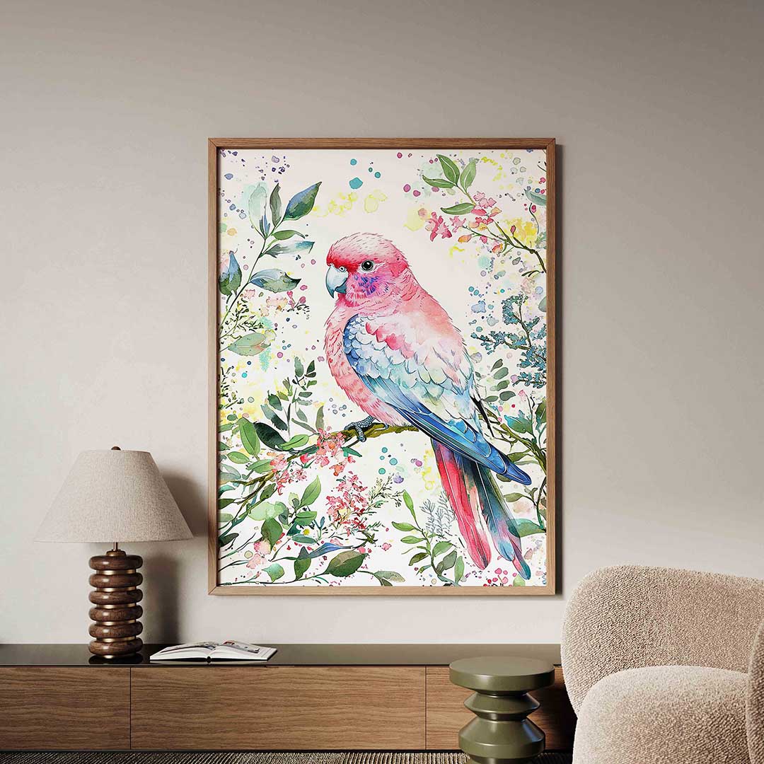 Papegaai met bloemen – dieren poster in staand formaat