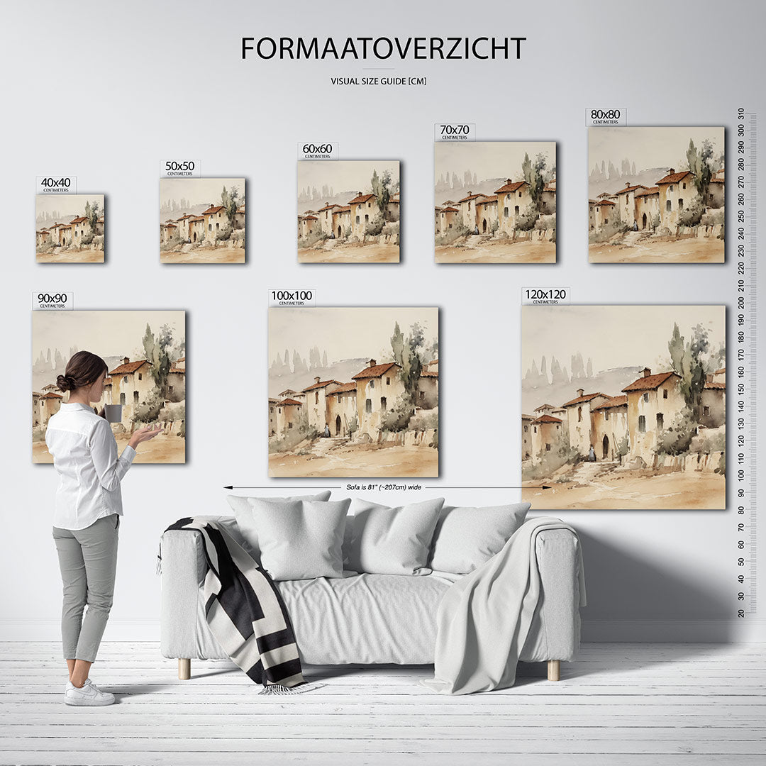 Dorpsgezichten kunstwerk – sfeerbeeld – dit werk toont een dorp met warme aardetinten. De huizen hebben rode daken en worden