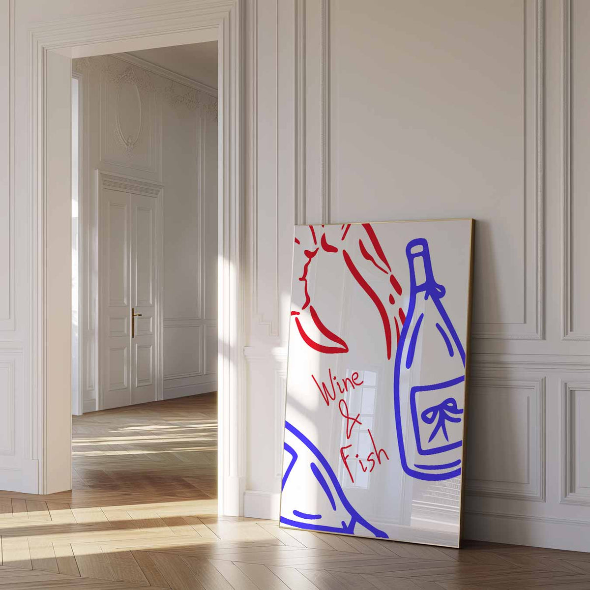 Wijn & Vis – zomer poster als frisse staande wanddecoratie
