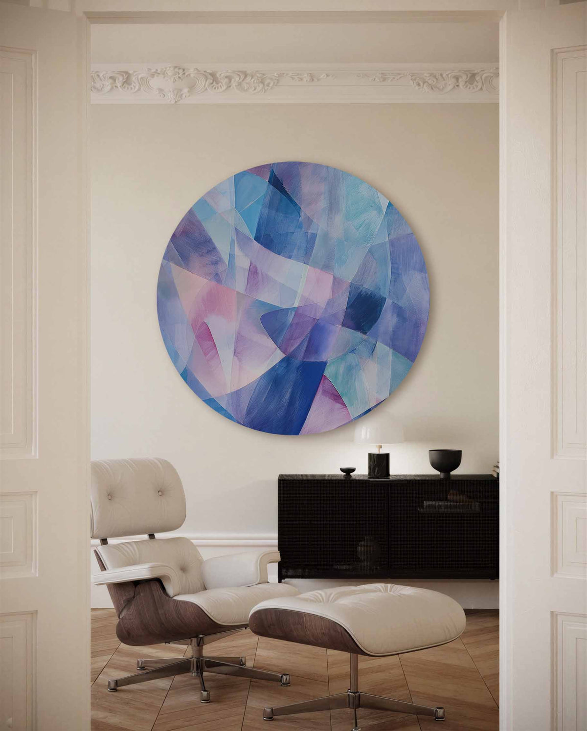 Abstracte blauwe vormen – muurcirkel met kleur en vormen voor aan de muur