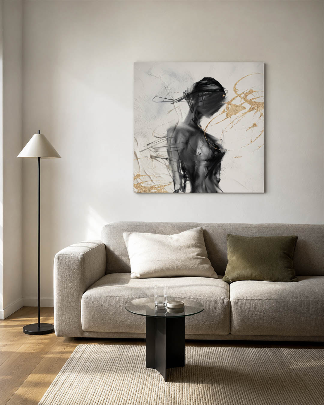 Dynamische vormen kunstwerk – vierkante wanddecoratie – dit werk toont een vloeiende compositie van zwarte en gouden lijnen