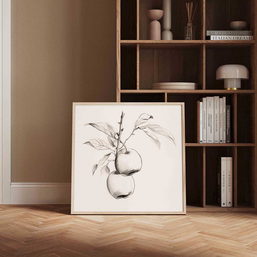 Twee appels aan tak – vierkante wanddecoratie met kleur en vorm van WallArtistic