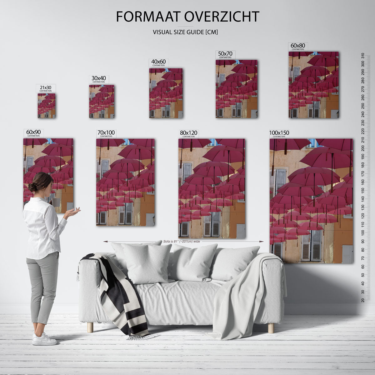 Vliegende paraplu's poster – sfeerbeeld – deze poster toont een lucht vol roze paraplu's tegen een achtergrond van beige en