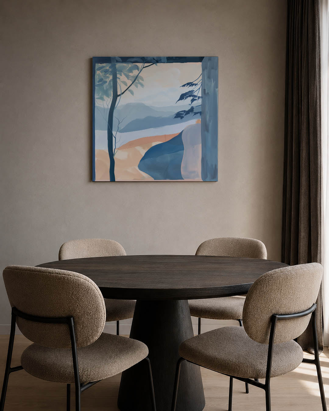 Landschap met blauwtinten kunstwerk – tweede productweergave – dit werk toont een serene compositie van vloeiende lijnen en