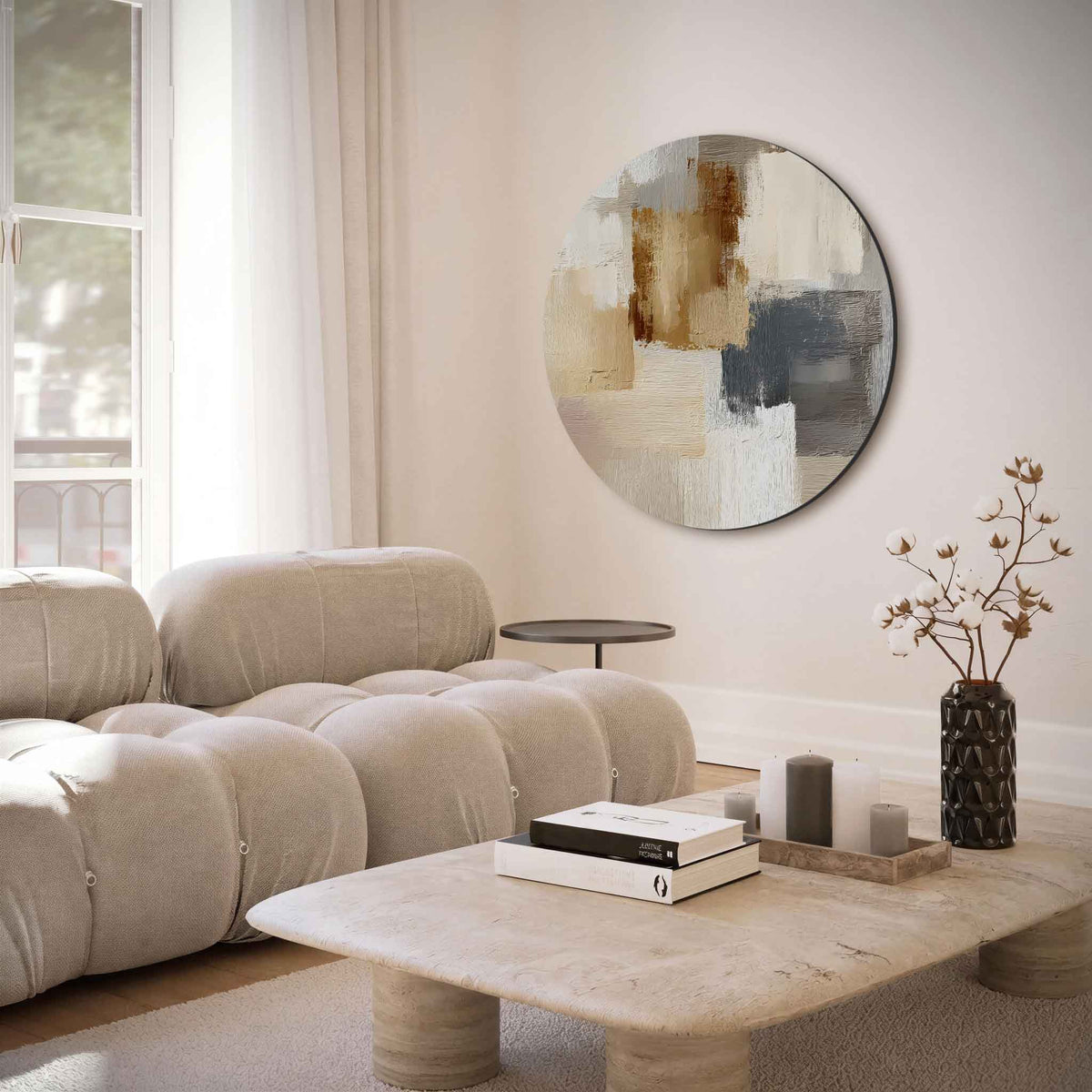 Abstracte beige en bruine – muurcirkel met abstracte texturen voor aan de muur