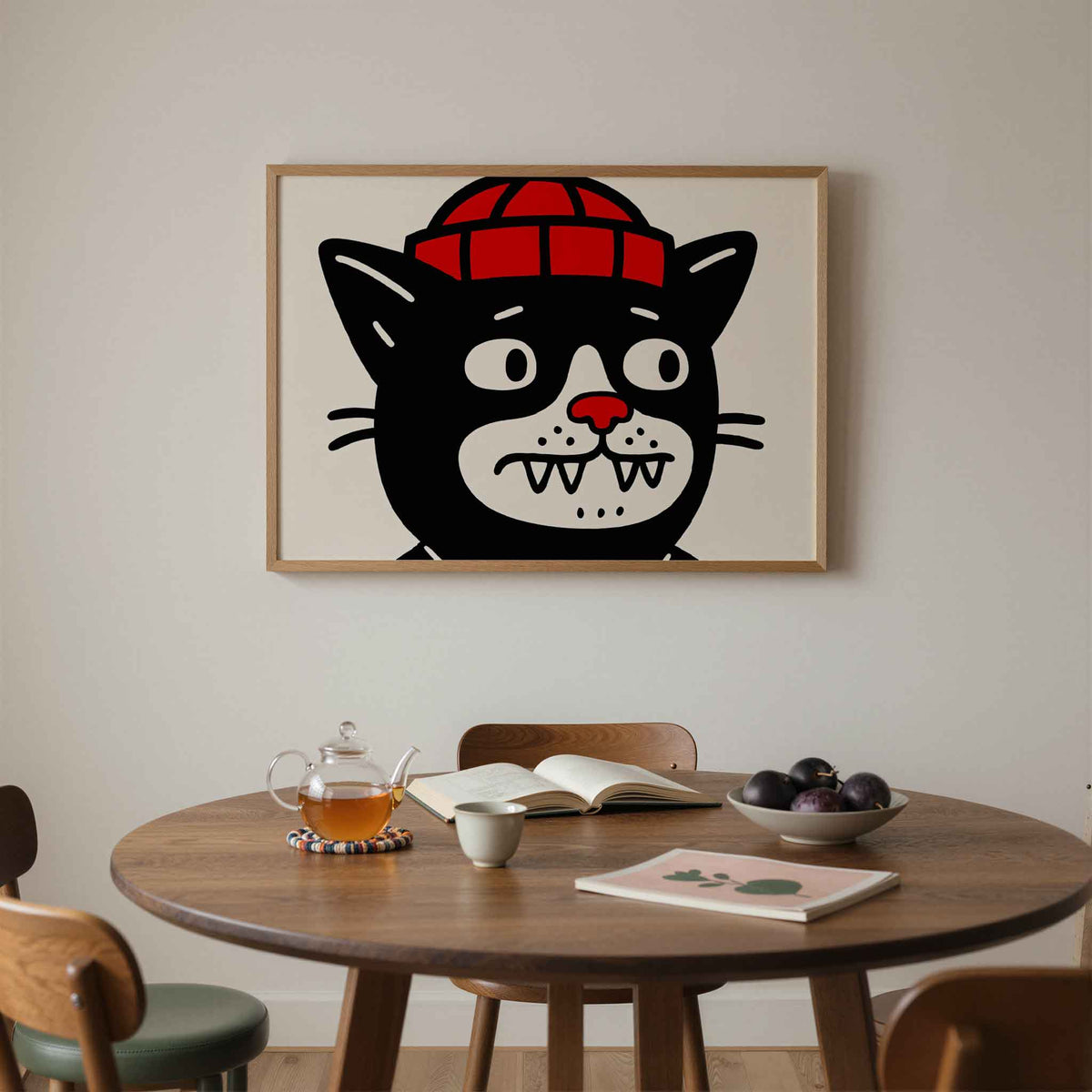 Kat met rode muts – liggende moderne wanddecoratie van WallArtistic