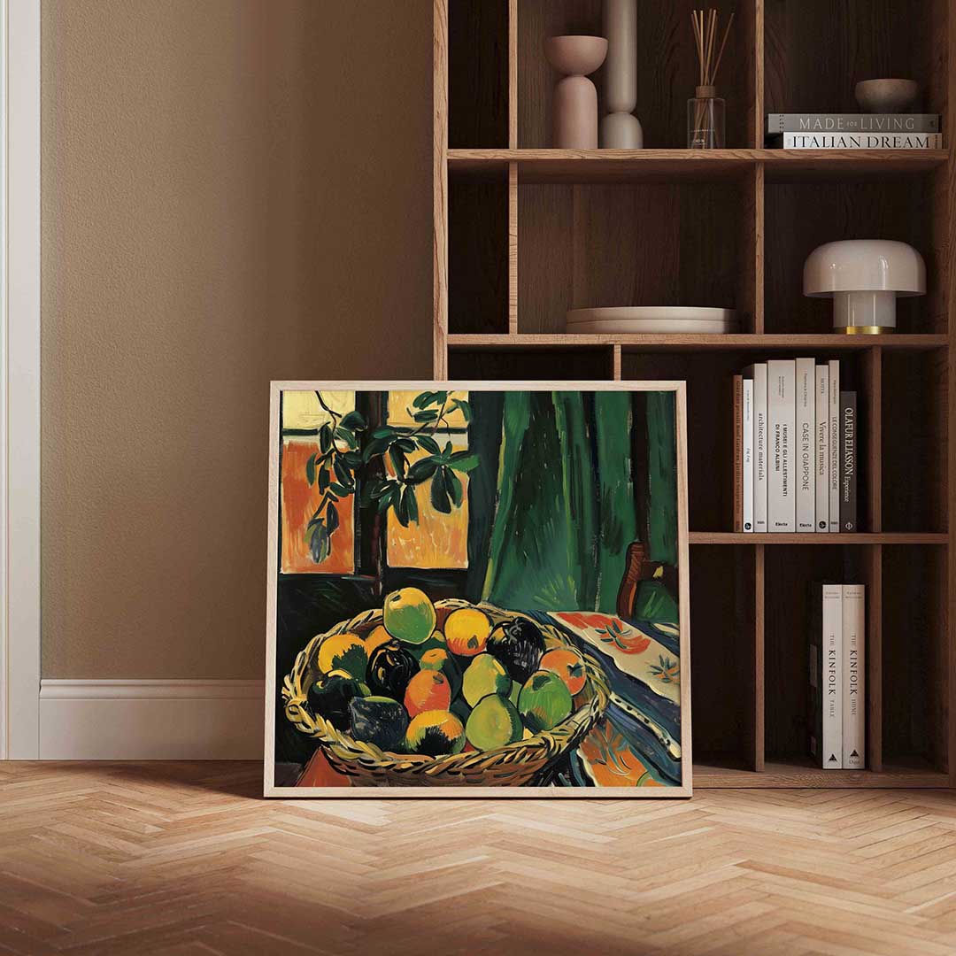 Mand met fruit – vierkante design wanddecoratie van WallArtistic