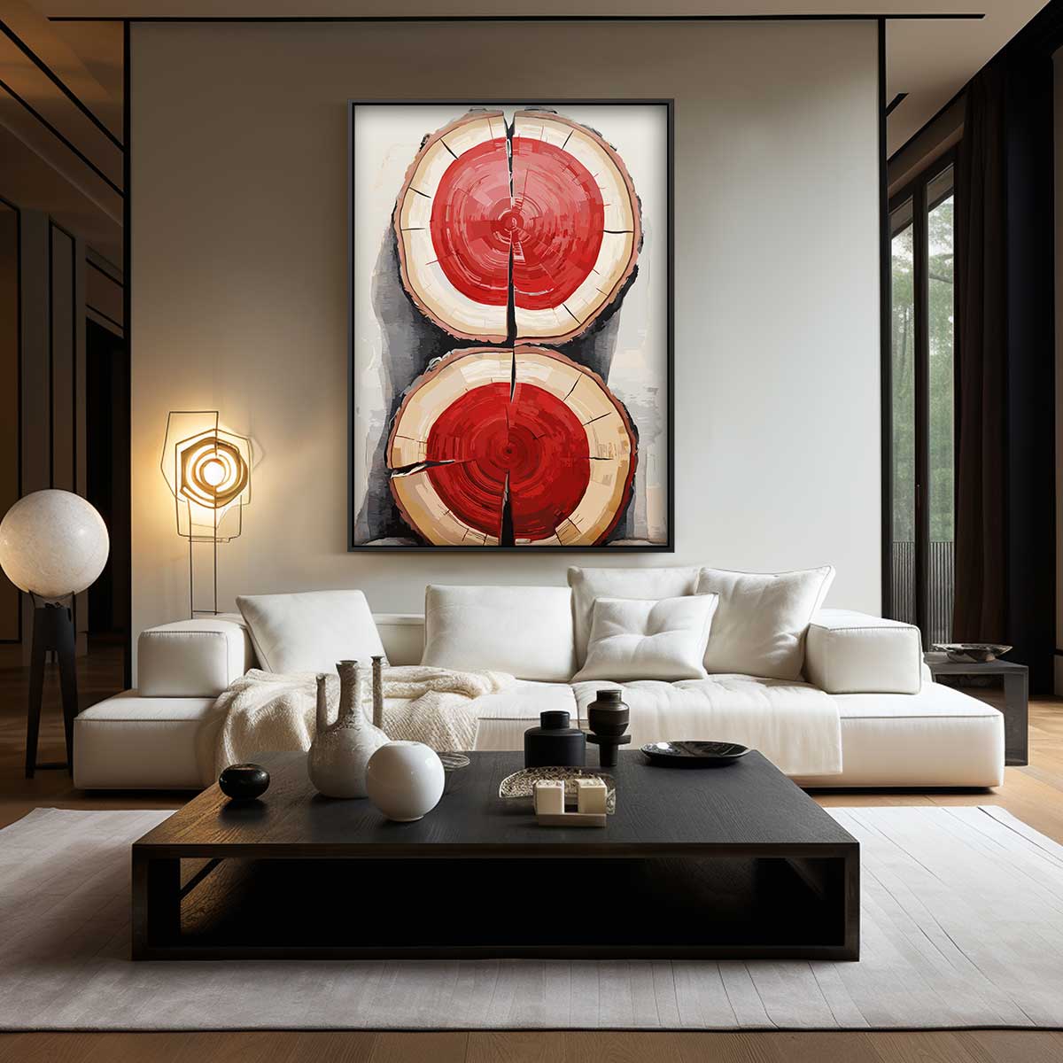 Houtschijven met Knallend Rood – kunstwerk met zwarte baklijst