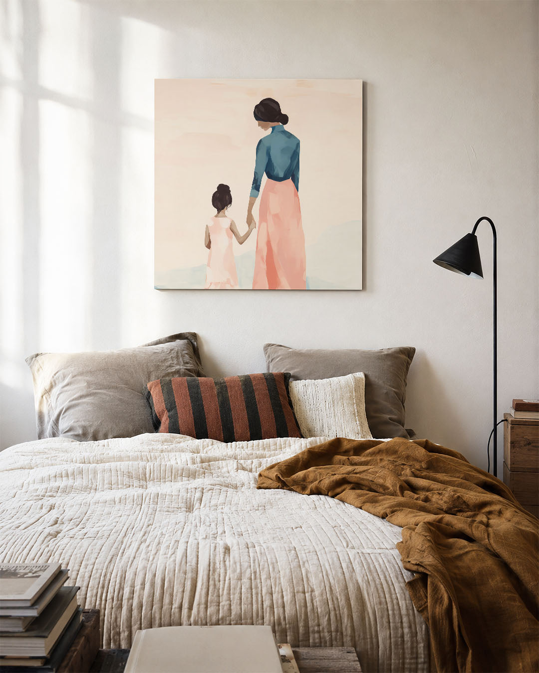 Moeder en kind kunstwerk – detailweergave – dit kunstwerk toont een vrouw en een kind hand in hand, met zachte kleuren en