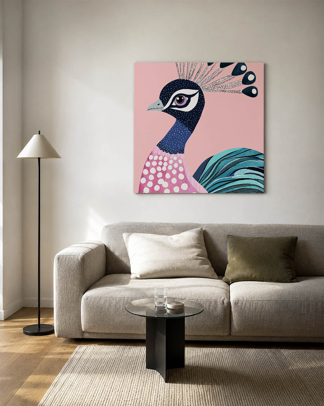 Vrolijke pauw kunstwerk – detailweergave – dit werk toont een kleurrijke pauw met speelse patronen en levendige kleuren. De