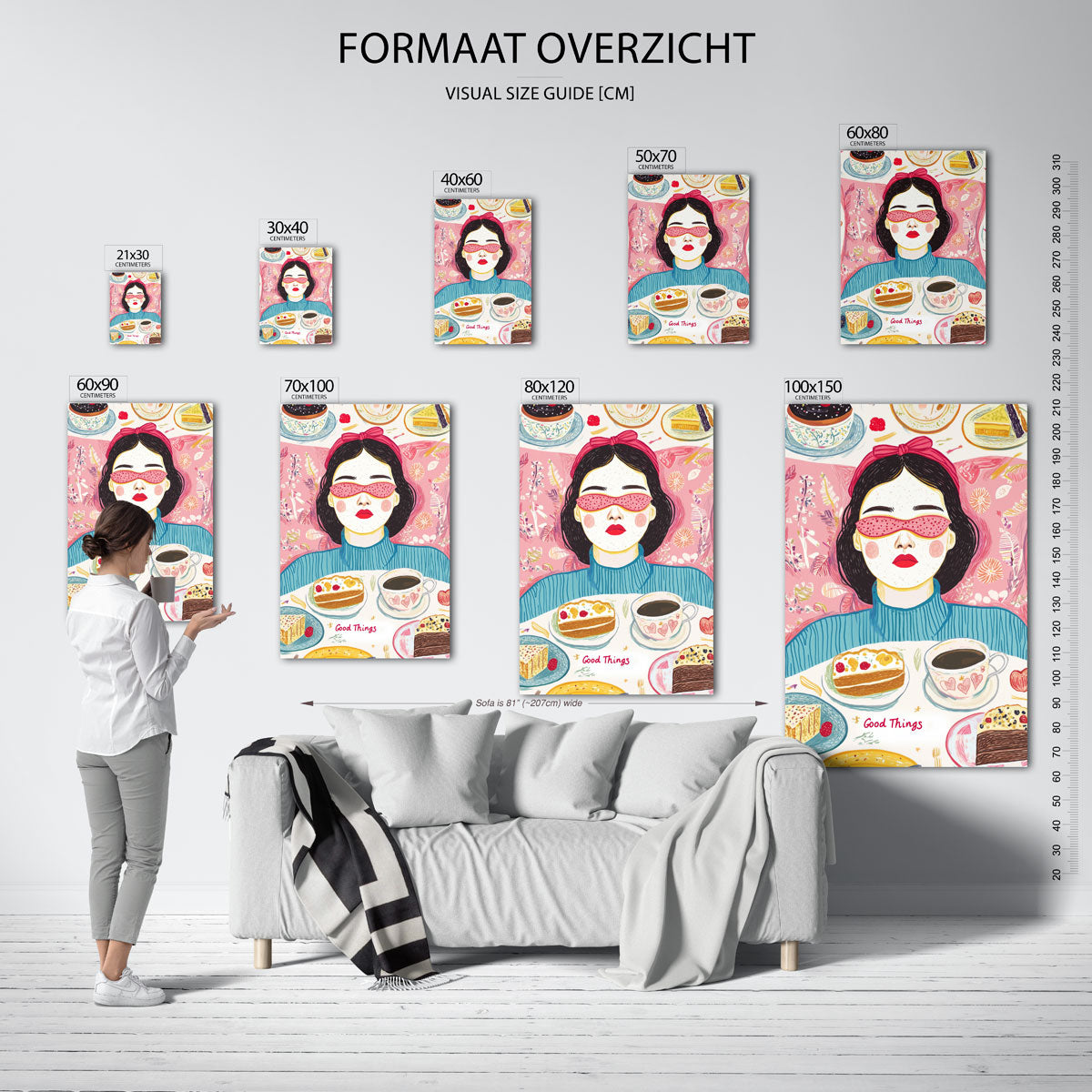 Vrouw met desserts – staande muurposter voor een modern interieur
