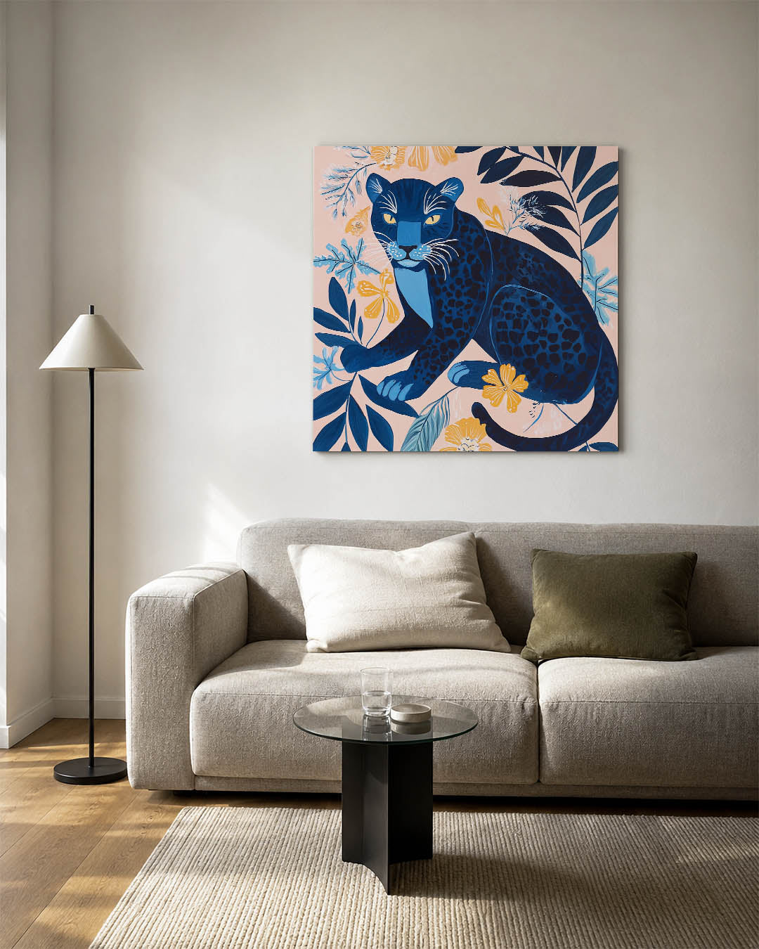Dierlijke elegantie kunstwerk – detailweergave – dit kunstwerk toont een sierlijke panter omringd door weelderige bladeren en