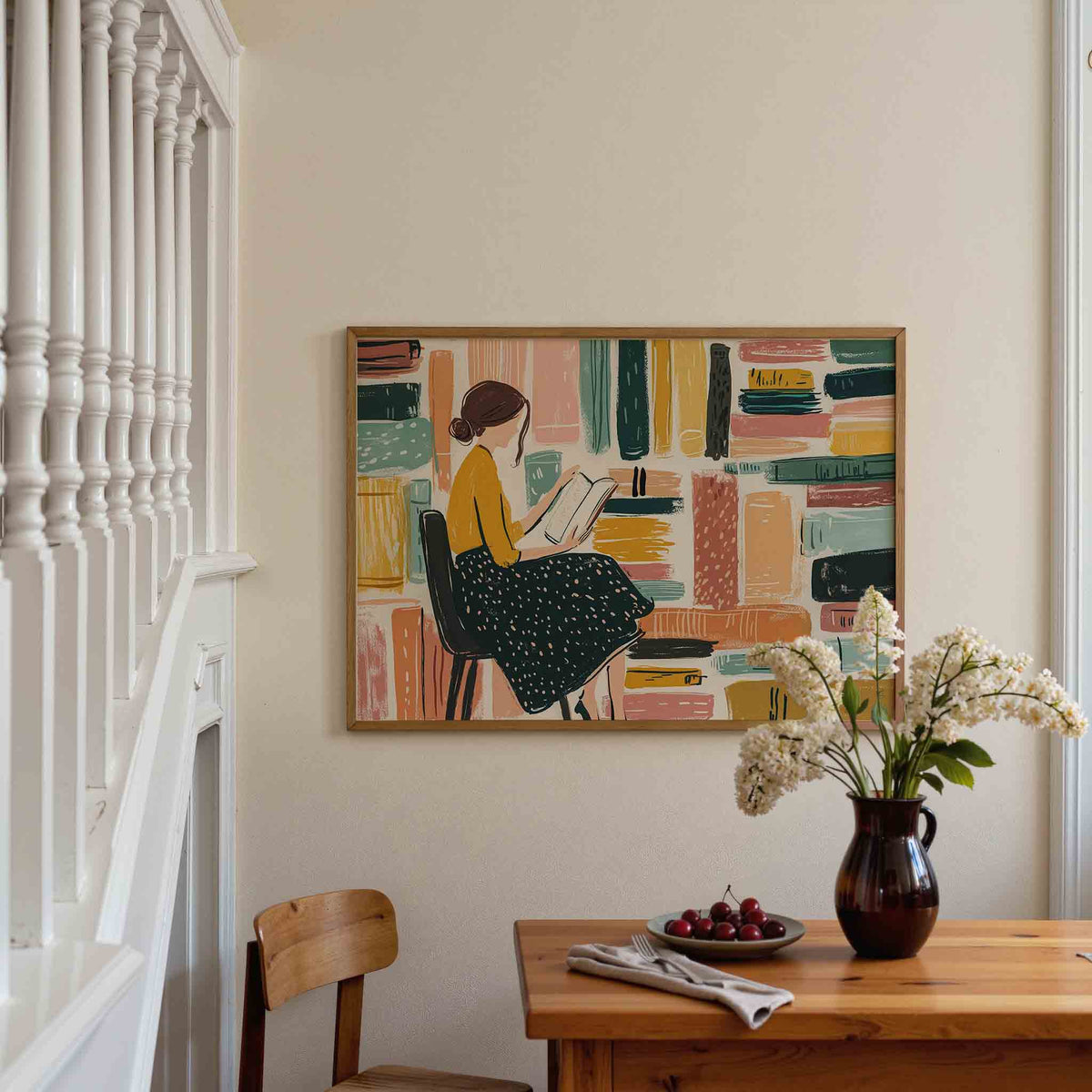 Lezende vrouw – liggende illustratie poster als wanddecoratie