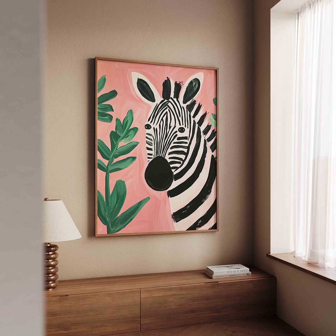 Zebra en bladeren – dierenillustratie als portret poster