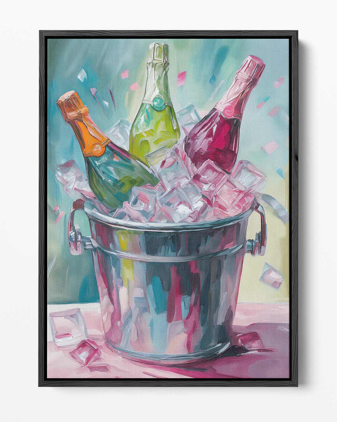 Drie Champagneflessen op IJs – portret kunstwerk als wanddecoratie