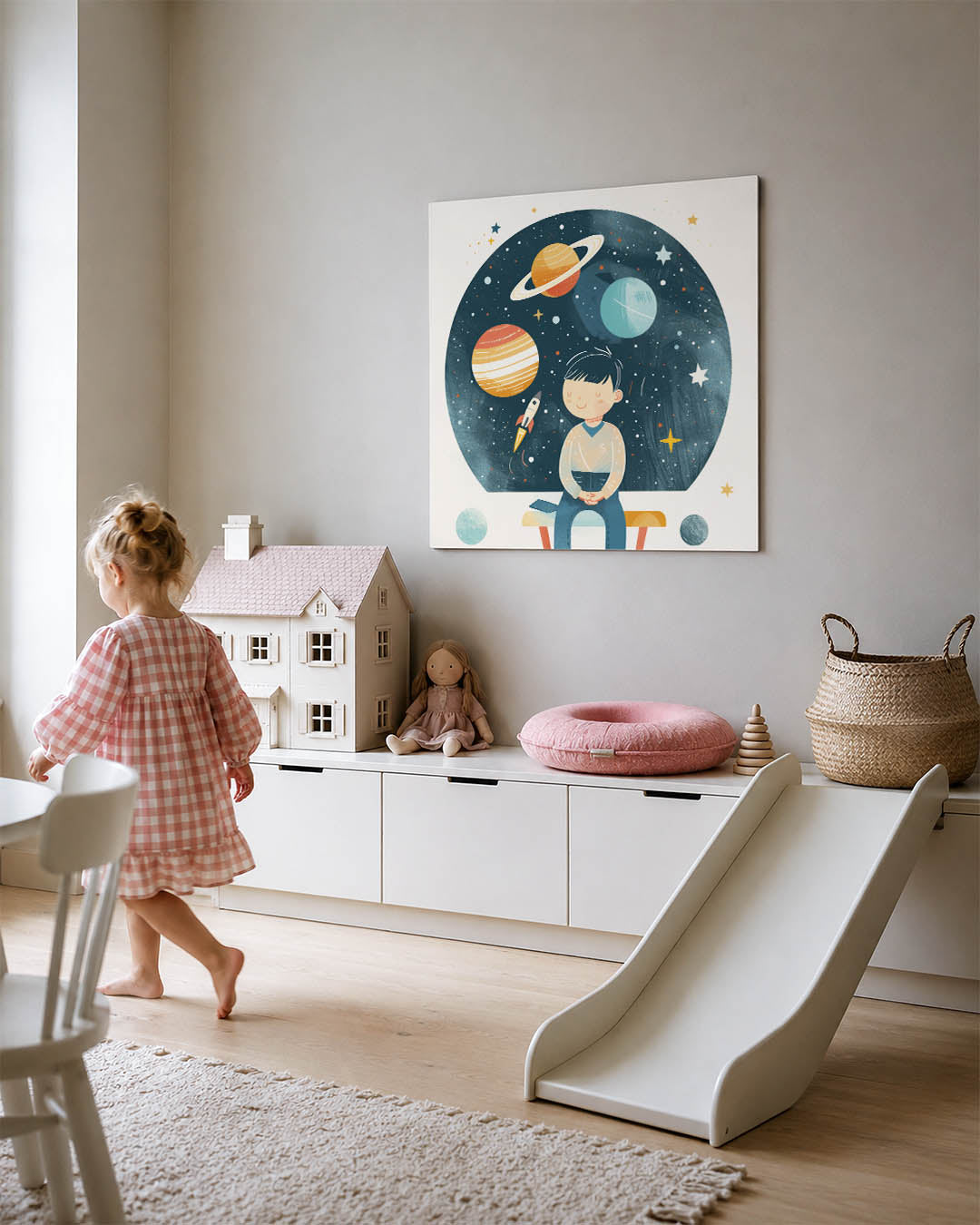 Dromerige ruimte illustratie kunstwerk – tweede productweergave – dit kunstwerk toont een kind dat dromerig naar de sterren