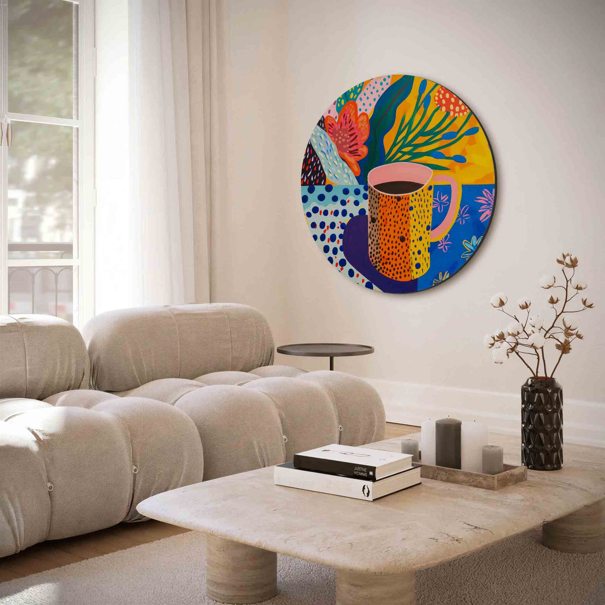 Beker en bloemen – muurcirkel met abstracte texturen voor aan de muur