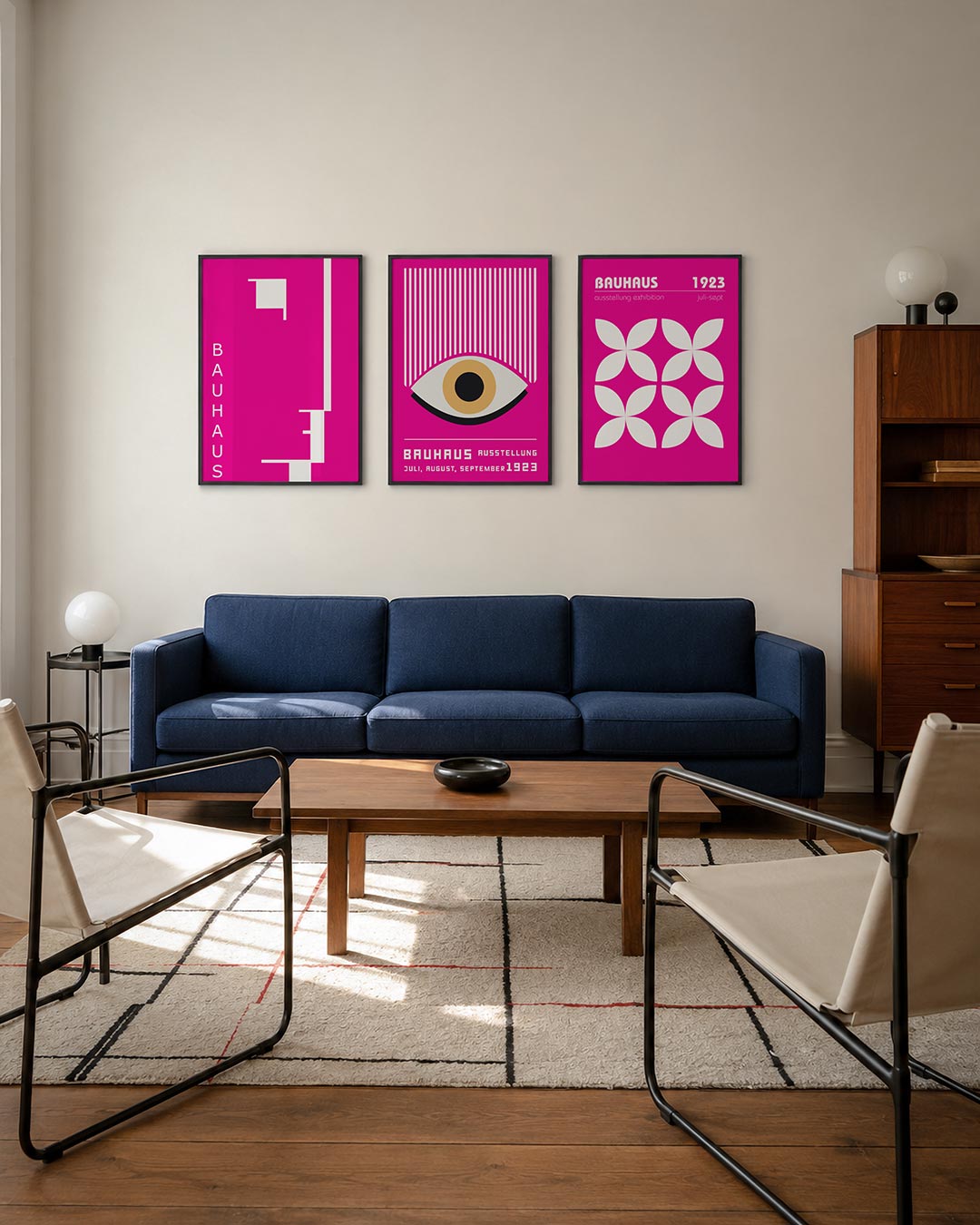 Vorm en kleur posterset – derde productweergave – deze posterset in drie delen speelt met felle roze kleurvlakken en strakke