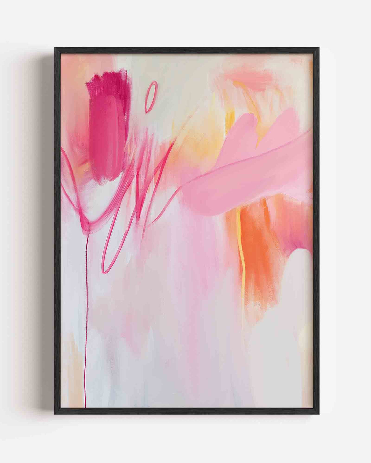Abstracte roze en oranje vormen – Kunst & Design poster als staande wanddecoratie