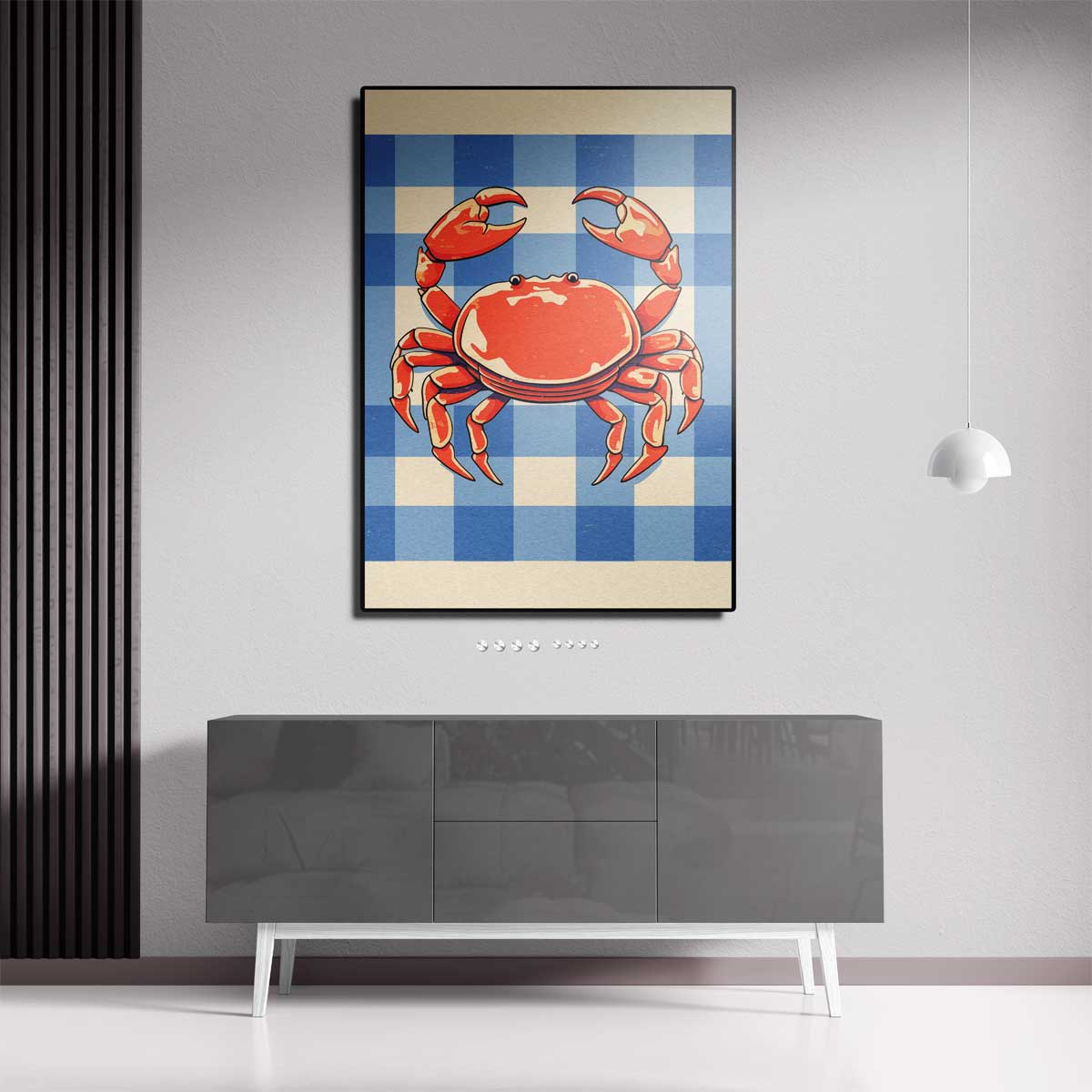 Vrolijke Krab op Blauw-Wit Patroon – canvas kunstwerk als wanddecoratie