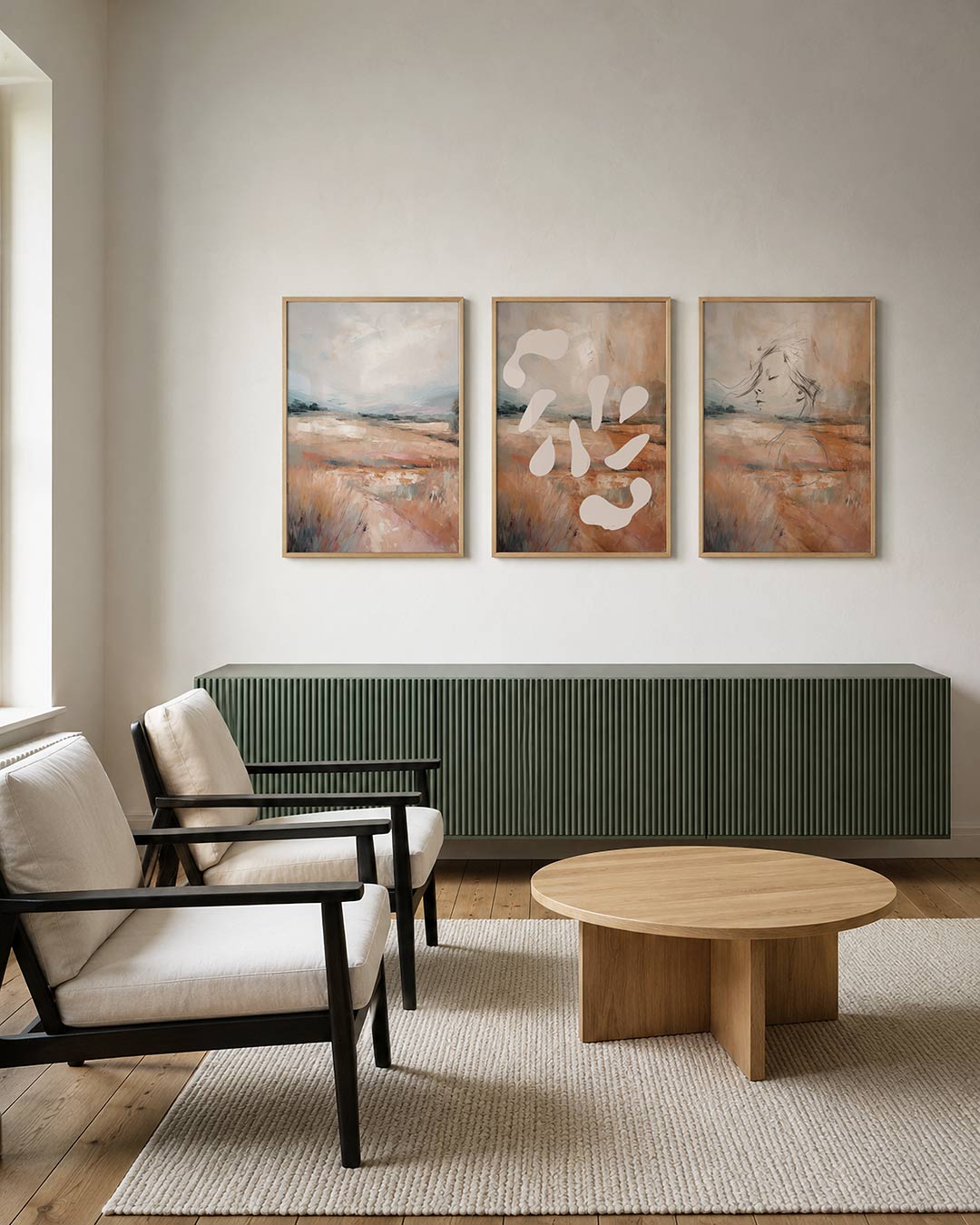 Zachte landschapstonen – deze posterset in drie delen toont een serene weergave van een landschap met – weergave 3